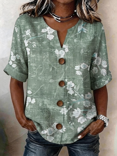 V Neck Half Sleeve Floral Regular Loose Shirt For Women