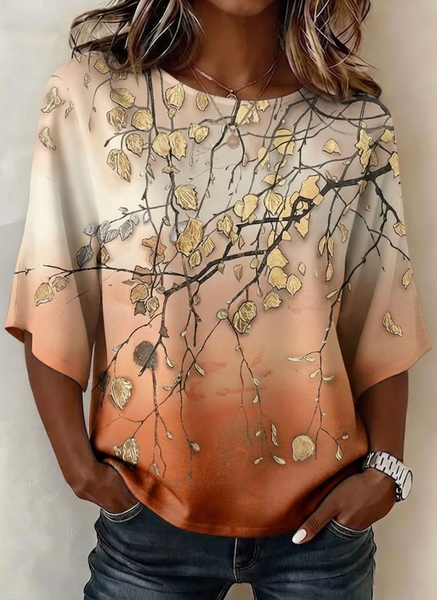 Crew Neck Half Sleeve Floral Regular Micro-Elasticity Regular Fit Blouse For Women