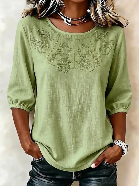

Crew Neck Half Sleeve Floral Printing Regular Micro-Elasticity Regular Fit Blouse For Women, Green, Blouses