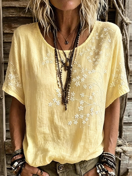 

Vintage Floral Crew Neck Short Sleeve T-shirt, Yellow, T-shirts