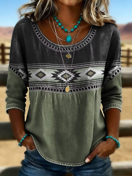 Crew Neck Half Sleeve Abstract Printing Regular Micro-Elasticity Loose Blouse For Women