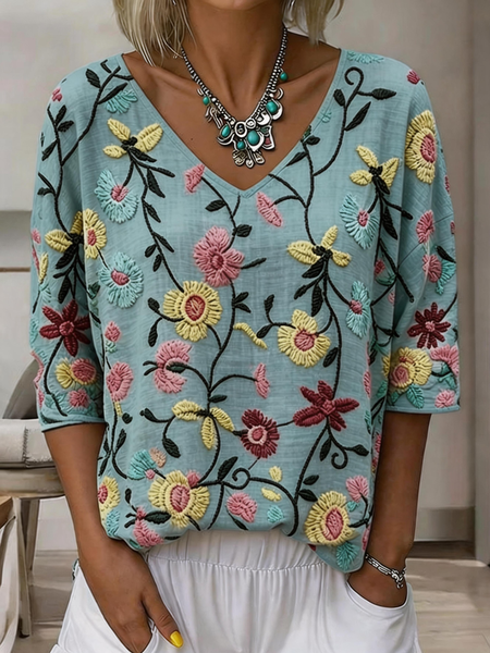 Vintage Floral V Neck Three Quarter Sleeve T-shirt