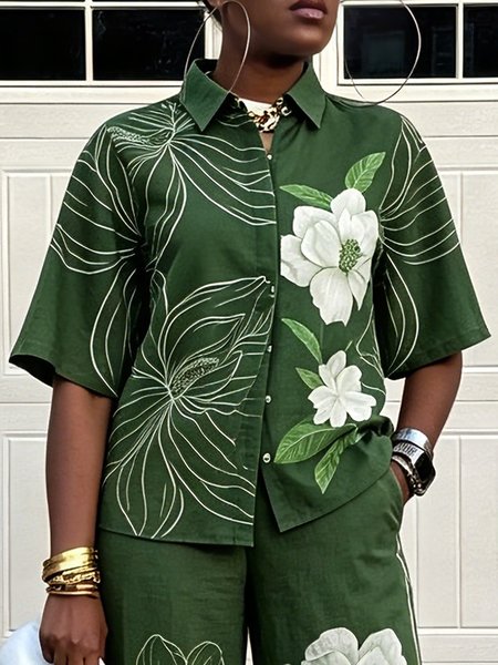 

Cotton Casual Floral Buttoned Shirt, Green, Blouses and Shirts
