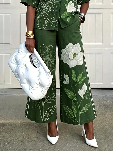 Cotton Casual Floral Printing Straight Pants