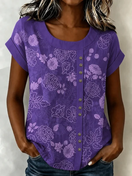 Crew Neck Short Sleeve Floral Regular Loose Blouse For Women