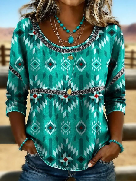 Crew Neck Half Sleeve Abstract Printing Regular Micro-Elasticity Loose Blouse For Women
