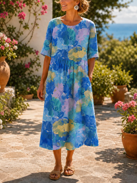Women Abstract Polka Dots Summer Dress Crew Neck Half Sleeve T-Shirt Dress A-Line Dress