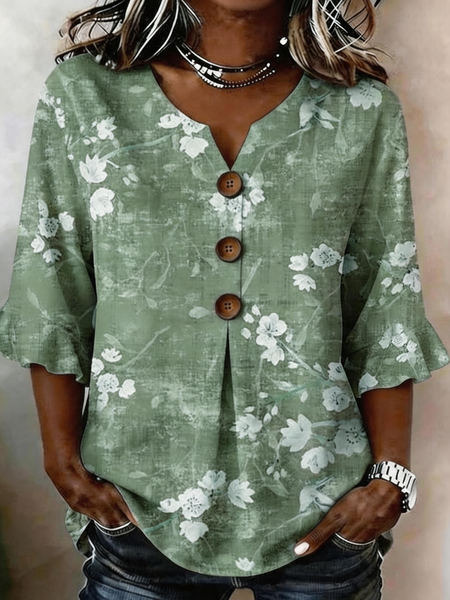 V Neck Half Sleeve Floral Regular Micro-Elasticity Regular Fit Blouse For Women