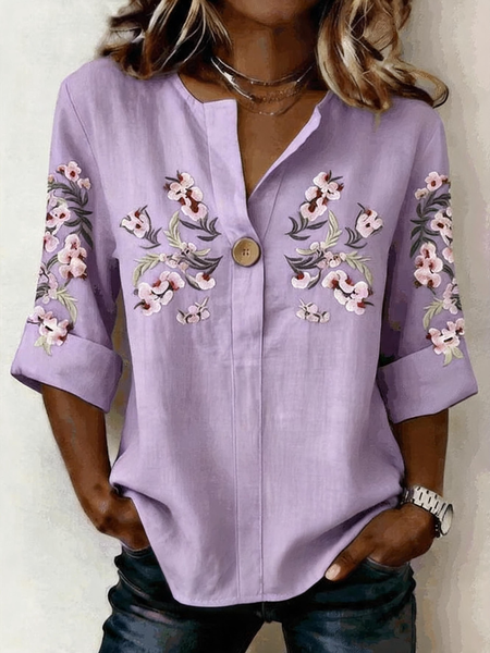 V Neck Three Quarter Sleeve Floral Regular Micro-Elasticity Loose Shirt For Women