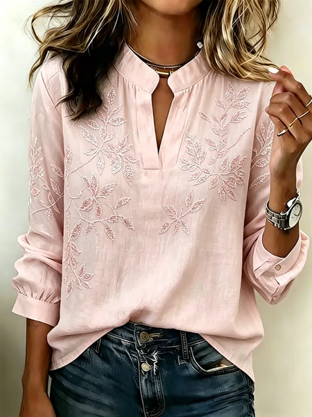 V Neck Long Sleeve Floral Printing Regular Micro-Elasticity Regular Fit Blouse For Women