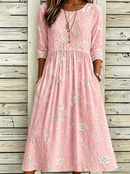 Women Floral Summer Printing Dress Crew Neck Half Sleeve H-Line Dress
