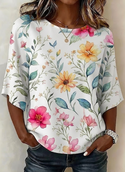 

Crew Neck Half Sleeve Floral Regular Micro-Elasticity Loose Blouse For Women, As picture, Blouses