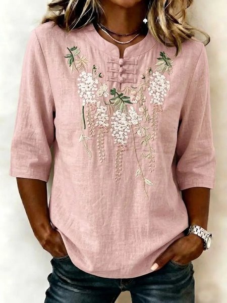 Mandarin Collar Half Sleeve Floral Regular Micro-Elasticity Regular Fit Blouse For Women