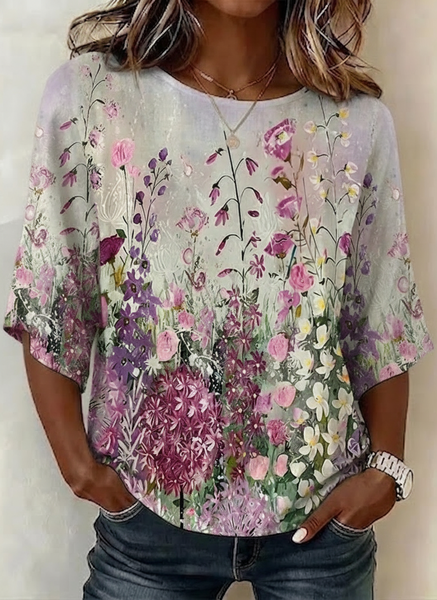 Crew Neck Half Sleeve Floral Regular Micro-Elasticity Regular Fit Blouse For Women