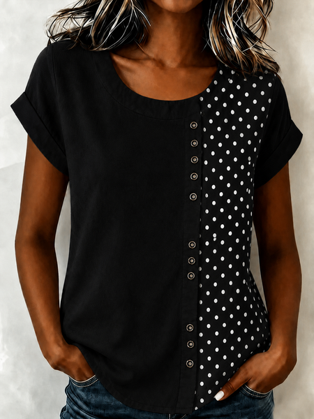 Crew Neck Short Sleeve Polka Dots Regular Loose Blouse For Women