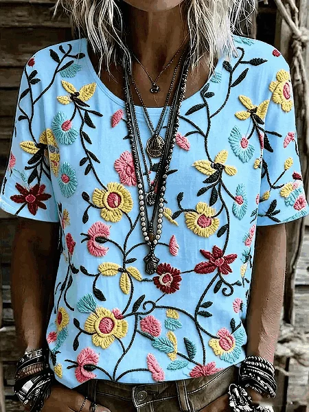 Vintage Floral Crew Neck Short Sleeve T-shirt