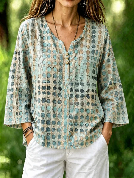 Crew Neck Long Sleeve Abstract Polka Dots Regular Micro-Elasticity Loose Blouse For Women