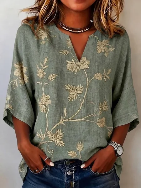 

V Neck Half Sleeve Floral Printing Regular Micro-Elasticity Loose Blouse For Women, Green, Blouses