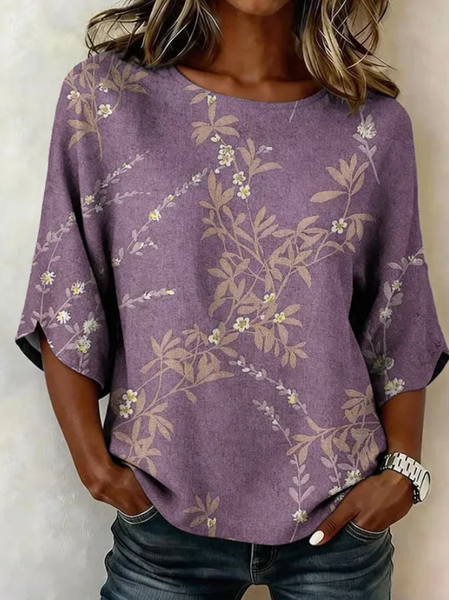 Crew Neck Half Sleeve Floral Lightweight Loose Shirt For Women
