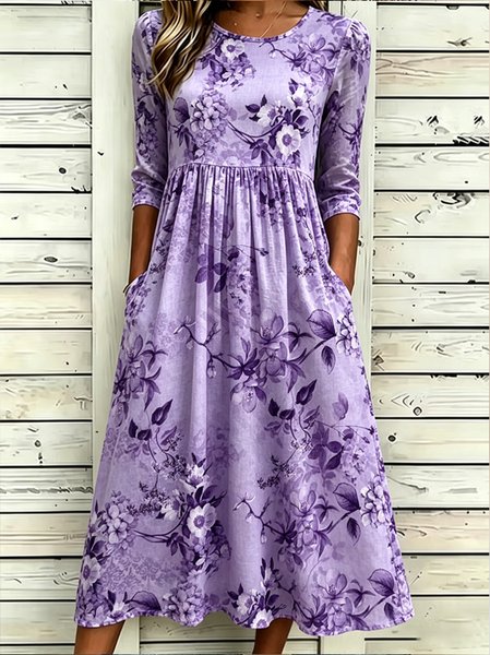 Women Floral Summer Dress Crew Neck Half Sleeve T-Shirt Dress A-Line Dress