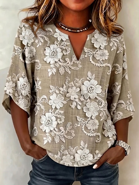 Women Floral V Neck Half Sleeve Blouse Printing Casual Daily Summer Top