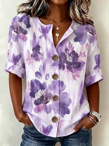 Stand Collar Three Quarter Sleeve Floral Regular Loose Shirt For Women
