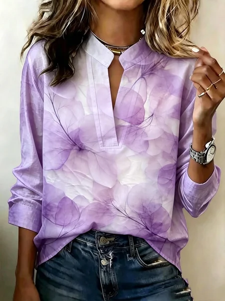 V Neck Long Sleeve Floral Regular Micro-Elasticity Regular Fit Blouse For Women