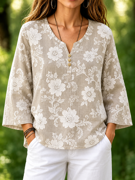 Crew Neck Long Sleeve Floral Regular Micro-Elasticity Loose Blouse For Women