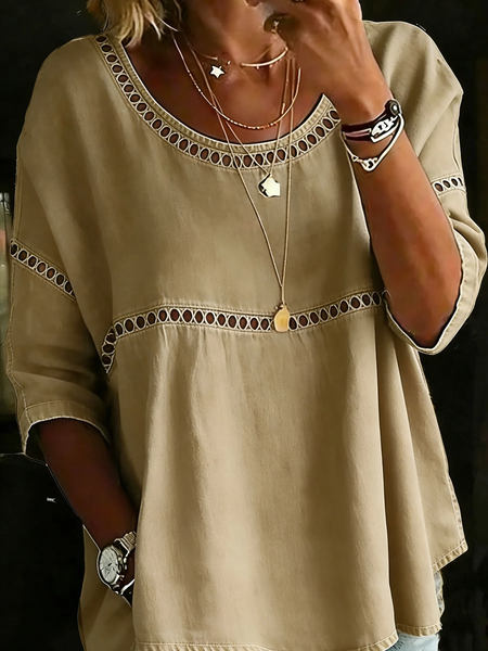 Crew Neck Half Sleeve Plain Regular Micro-Elasticity Loose Blouse For Women