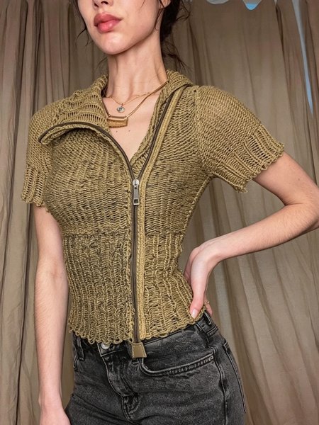 

Casual Plain Zipper Shawl Collar Knit Top, As picture, Cardigans