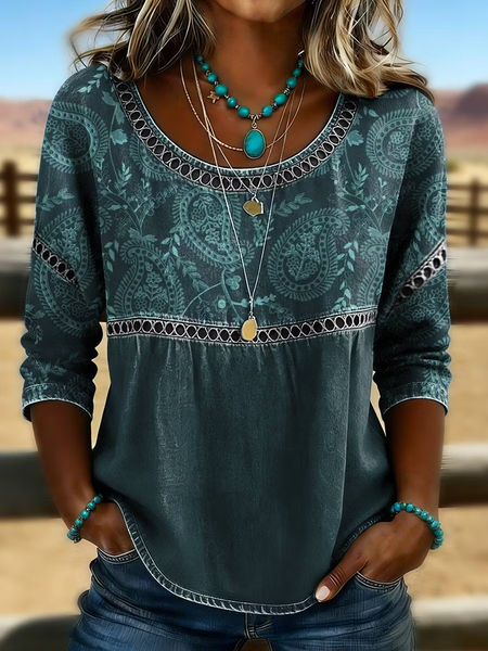 Crew Neck Half Sleeve Floral Printing Regular Micro-Elasticity Loose Blouse For Women