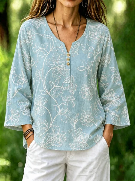 Crew Neck Long Sleeve Floral Regular Micro-Elasticity Loose Blouse For Women