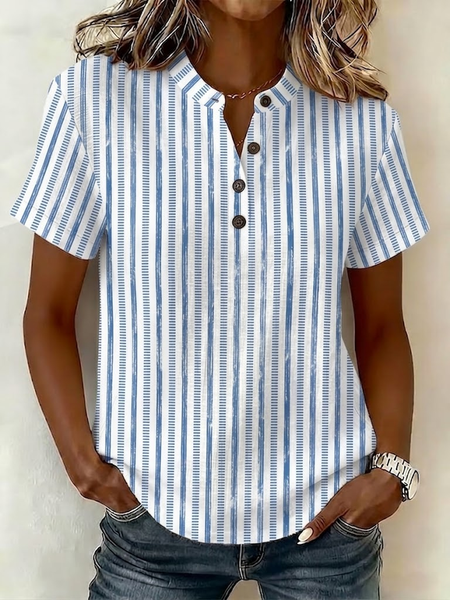 Women Striped V Neck Short Sleeve Shirt Printing Casual Daily Summer Top