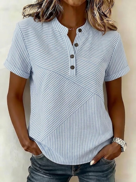 V Neck Short Sleeve Striped Printing Regular Micro-Elasticity Regular Fit Shirt For Women