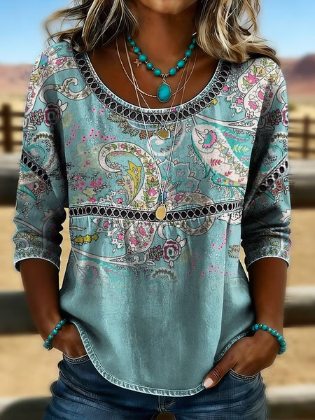 Crew Neck Half Sleeve Paisley Printing Regular Micro-Elasticity Loose Blouse For Women