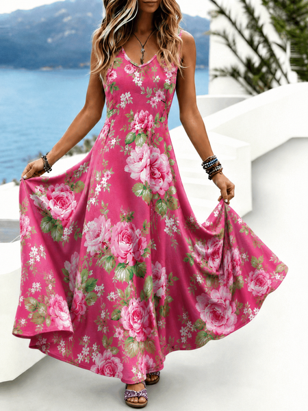 Women Floral Spring/Fall Dress V Neck Sleeveless Tank A-Line Dress