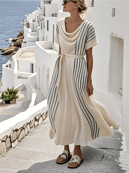 Women Striped Summer Dress Cowl Neck Half Sleeve T-Shirt Dress A-Line Dress