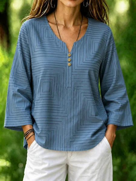 Crew Neck Long Sleeve Geometric Regular Micro-Elasticity Loose Blouse For Women
