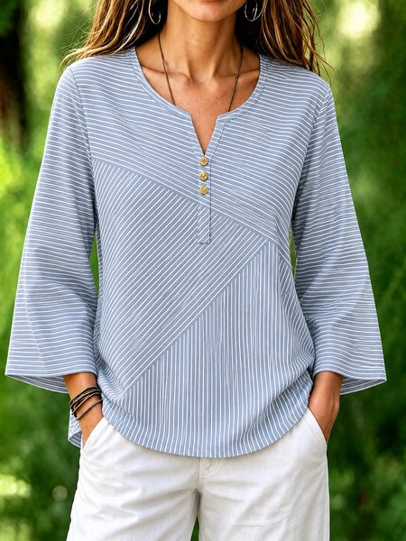 Crew Neck Long Sleeve Striped Regular Micro-Elasticity Loose Blouse For Women