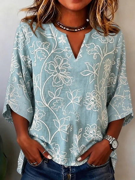 V Neck Half Sleeve Floral Printing Regular Micro-Elasticity Loose Blouse For Women
