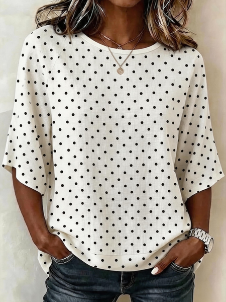 Crew Neck Half Sleeve Polka Dots Regular Micro-Elasticity Regular Fit Blouse For Women
