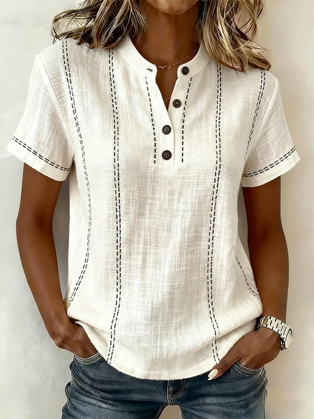 Women Striped V Neck Short Sleeve Shirt Printing Casual Daily Summer Top