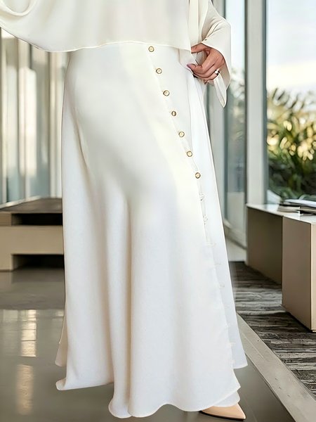 

Elegant Faux Pearl Plain Buttoned Maxi Skirt, White, Skirts