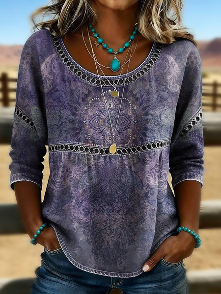 Women Ethnic Crew Neck Half Sleeve Blouse Printing Casual Daily Summer Top