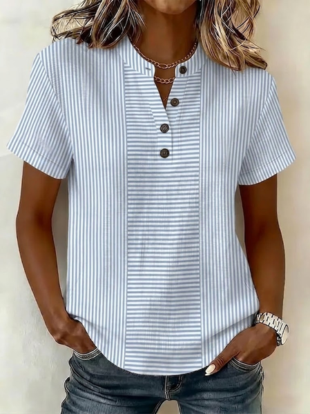 V Neck Short Sleeve Striped Printing Regular Micro-Elasticity Regular Fit Shirt For Women