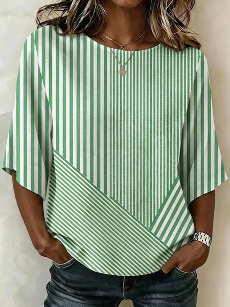 Crew Neck Half Sleeve Striped Regular Micro-Elasticity Regular Fit Blouse For Women