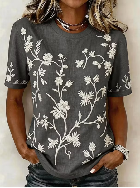Casual Floral Crew Neck Short Sleeve T-shirt