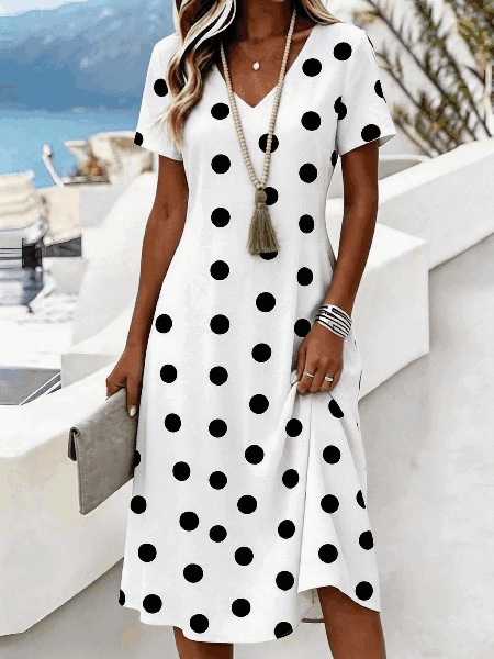 Women Polka Dots Summer Dress V Neck Short Sleeve A-Line Dress