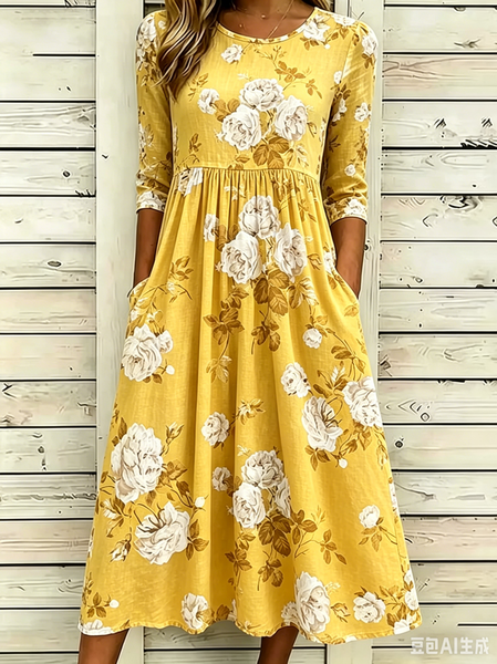 Women Floral Summer Dress Crew Neck Half Sleeve H-Line Dress