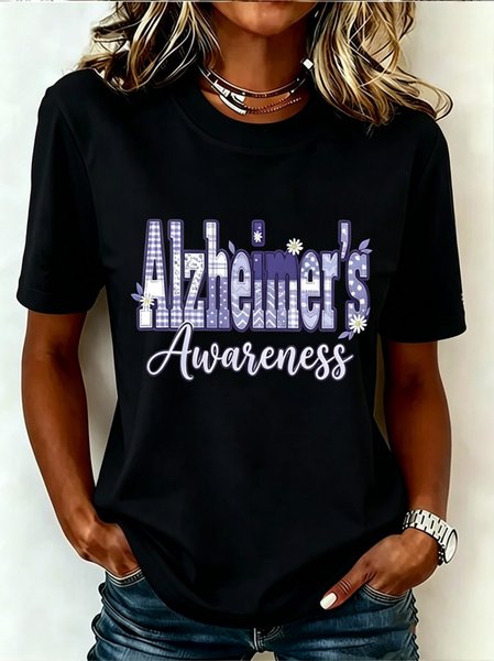 

Casual Floral Crew Neck Short Sleeve T-shirt, Black, T-shirts